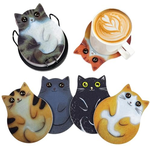Filz-Bechermatte mit Katzenmotiven – saugfähig & rutschfest, Kratzschutz, originelle Deko für Couchtisch & Küche, waschbar, Katzenliebhaber zur Einweihung (6 Landkatzensitze)