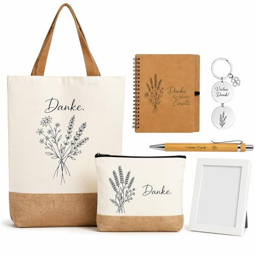 Dligerth Abschiedsgeschenk Kollegin Danke 6er Set – mit Notizbuch, Bilderrahmen & Jutetasche, für Ruhestand, Jobwechsel, Lehrerin, Projektabschluss und Kollegen