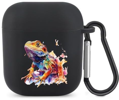 Watercolor Cearded Dragon Compatible with Airpods 1&2 Case Cover Soft TPU Protective Cover with Hanging Buckle