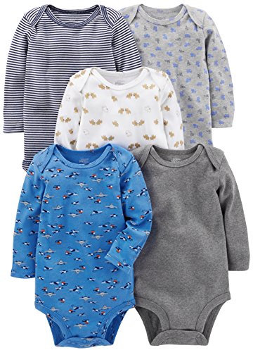 Simple Joys by Carter's Long-Sleeve Bodysuit Pack of 5 Body, Blu/Grigio/Bianco, 6-9 Mesi (Pacco da 5) Unisex-Bimbi