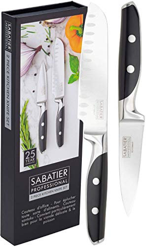 Taylors Eye Witness Professional Sabatier Kitchen Knife Set - 2 Piece 12cm/5” Santoku & 9cm/3.5” Paring Knives. Sharpe, Full Tang Blade. High Carbon, Taper Ground Stainless Steel. Twin Rivet Handles