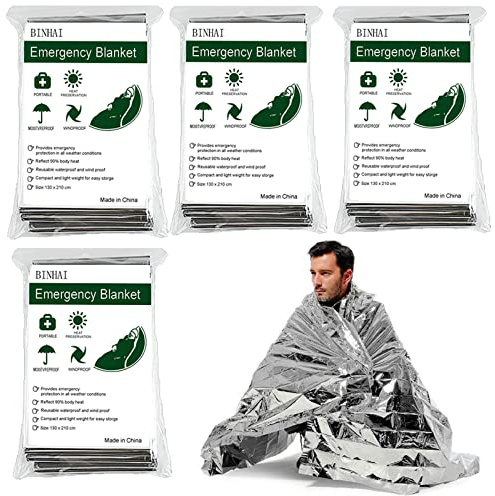Binhai Thermodecke, Notfall Thermo-Decken, mergency Überleben Decke, Decke 130 x 210 cm (E-Silber, 4 Stück)