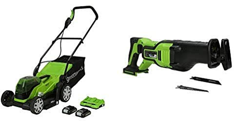 Greenworks Tondeuse à Batterie G24X2LM36K2x + Greenworks 24V Batterie scie Alternative GD24RS