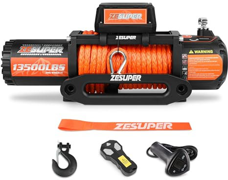 ZESUPER 13500 lb Electric Winch, Synthetic Rope 12V Winch Waterproof IP68 Winch Kit,Off Road Winch for Jeep,Truck,SUV, with Wireless Remote, Corded Control,Side-Mounted Bracket for Control Box