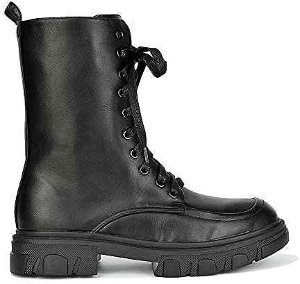 ESSEX GLAM Damen-Stiefeletten, Schnürstiefel, schwarz, Biker, Kunstleder, Winter, lässig, Größe 36-42, Schwarzes Kunstleder, 39 EU