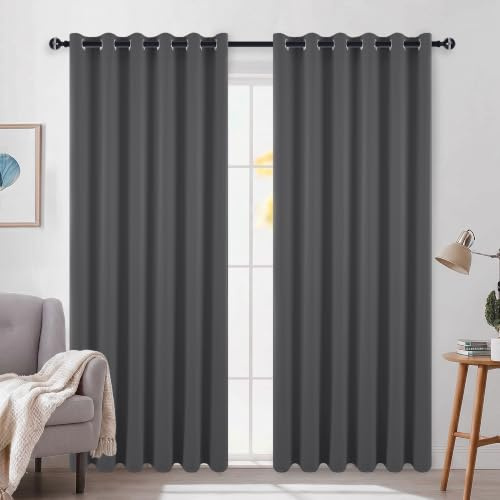 DWCN Blackout Curtains for Bedroom - Thermal Insulated Light Blocking Eyelet Window Curtains for Living Room 90 x 90 inch Length, Dark Grey, 2 Panels