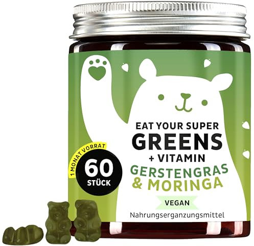 Bears with Benefits Complesso di vitamine e minerali ad alto dosaggio - 8 superfood - Moringa, erba d'orzo, clorella, zinco, ferro - Orsetti gommosi (60 pezzi) Eat Your Super Greens