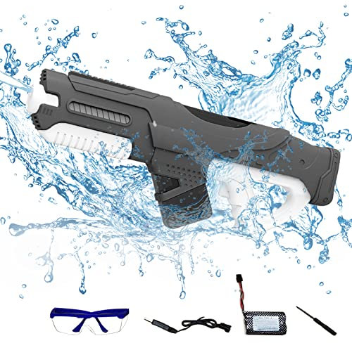 Pistola de agua eléctrica para niños adultos, pistolas de agua automáticas 300CC + autoabsorbente, pistolas de agua potentes alcance hasta 32 pies para juegos de agua, verano, piscina, playa (gris)