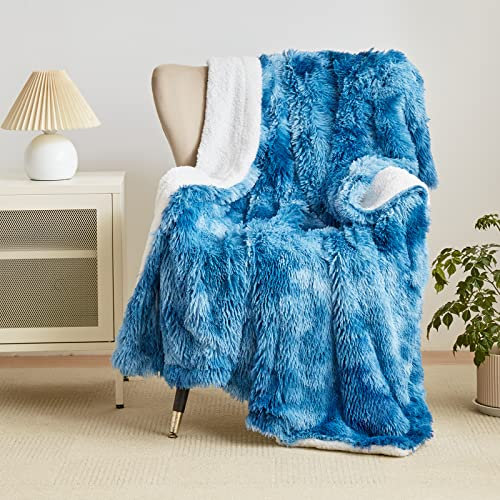 Wajade Kunstfelldecke – Sherpa Schafdecke – Comfort Luxuriöse Flauschige Kuscheldecke – weiche Decke für Couch und Bett 130 x 160 cm –Blaue und weiße Farbe