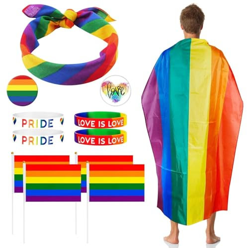 Meanju 12 Stück Gay Pride Accessoire Regenbogen Umhang, LGBT Regenbogen Gay Pride Set mit Stirnband Flaggen Armband Button Pins, Pride Month Deko für Frauen Männer Gaypride Feiern Festival