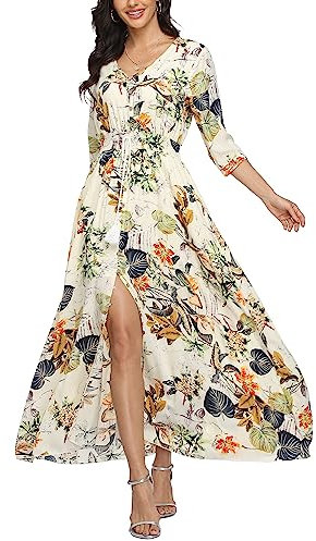 Damen Sommerkleid A Line V-Ausschnitt Standkleid Boho Blumenkleid 3/4 Ärmel Hohe Taille Partykleid Lange Freizeitkleid grün XXL