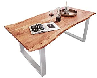 SAM Esszimmertisch 260x100 cm Quinn, echte Baumkante, naturfarben, massiver Esstisch aus Akazienholz, Metallbeine Silber, Baumkantentisch