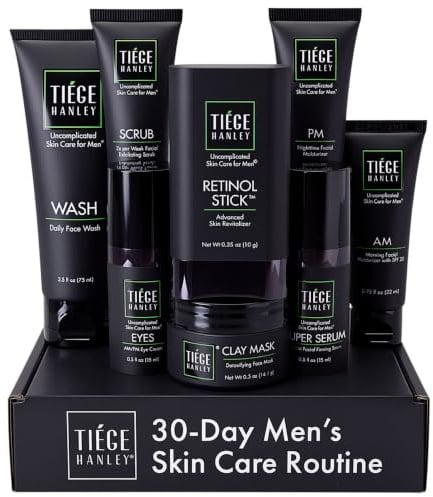 Tiege Hanley Hautpflegeset für Männer, Verjüngungsroutine, System Level 5, Gesichtsreiniger, Peeling, Feuchtigkeitscremes, Augencreme, Serum, Tonmaske und Retinol-Stick für gesunde Haut