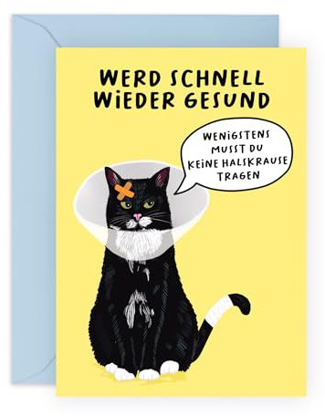 Central 23 Lustige Gute Besserung Karte für Männer und Frauen – WENIGSTENS MUSST DU KEINE HALSKRAUSE TRAGEN – Katzen-Grußkarte – Aufheitern – mit Aufklebern