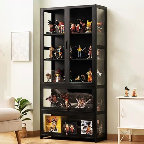 Vitrines en verre, vitrine pour objets de collection, vitrine minimaliste moderne à porte rabattable, armoire de curiosités, bibliothèque sur pied, transparente sur trois côtés L80*W32*H170cm Black