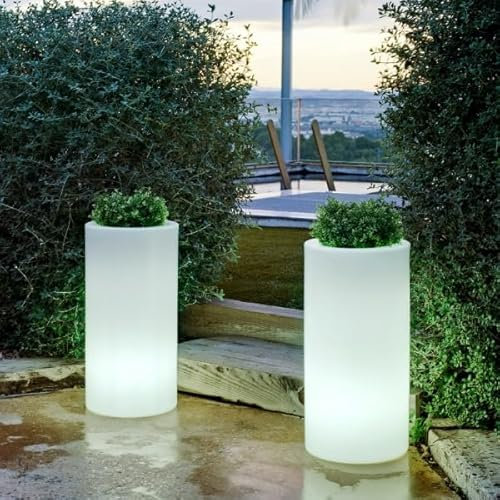 Macetero Luminoso Redondo Maceta 80 cm con Luz LED RGB, Cable o batería (Cable Color luz Blanca)