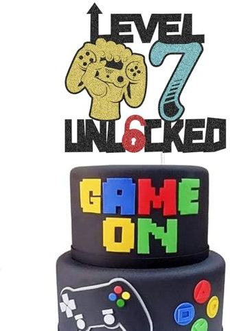Video Game Cake Topper 7th for Boys,Kids Birthday Cake Decorations,Game Level Theme Cake Cupcake Topper Game On Cheers Happy 7th Birthday Cake Toppers for Kids,Boy,Gaming 7th Party Cake Decor