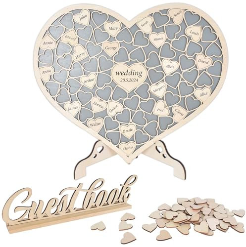 Lunaanda Hochzeitsgästebuch aus Holz, Personalisiertes Holz Gästebuch Alternative mit Holzherzen für Hochzeit, Jubiläum, Geburtstagsfeier, Babyparty