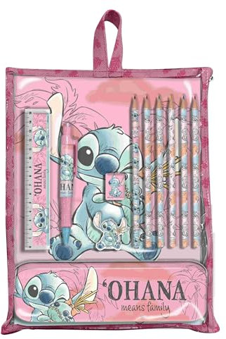 Disney Stitch Briefpapier Set, Enthält 5 Buntstifte, Radiergummi, Bleistiftspitzer, Lineal, Stiftetui und Notizbuch, Geschenk Briefpapier Set für Mädchen