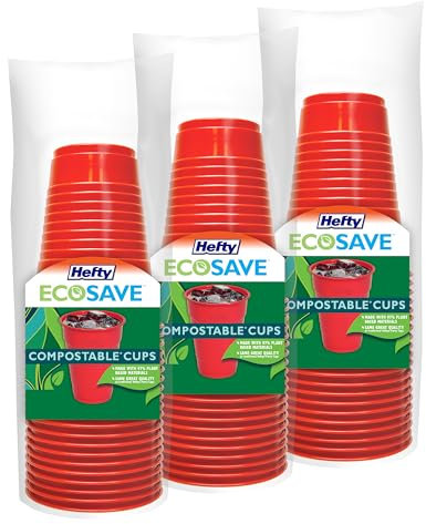 Hefty EcoSave Vasos de fiesta compostables, rojo, 18 onzas, 16 unidades (paquete de 3), 48 en total