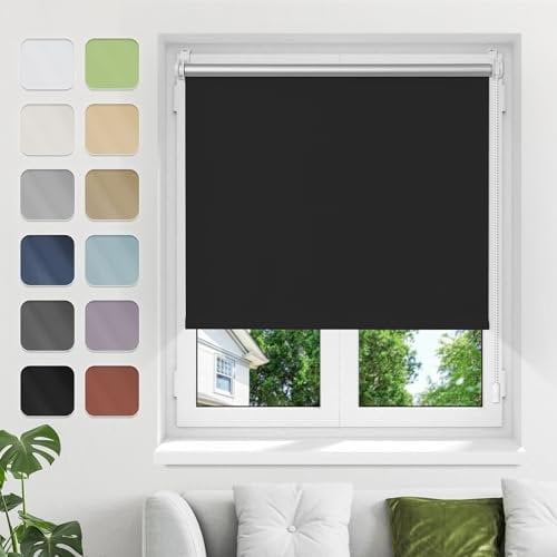 Verdunkelungsrollo ohne Bohren Klemmfix B45xH130cm(Stoffbreite40cm) Schwarz Verdunklungsrollo Fensterrollo Thermorollo Rollo Seitenzugrollo Klemmrollos für Fenster
