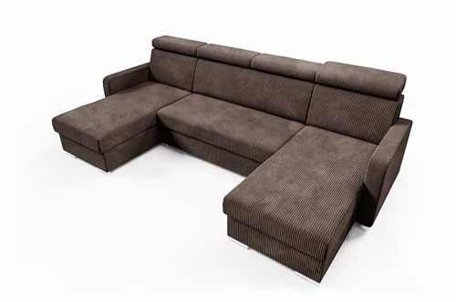 LIKMA Schokolade Ecksofa Mako U-Form 274x165 cm mit Schlaffunktion (254x125 cm) Eckcouch mit Bettkasten und Verstellbare Kopfstützen Wohnlandschaft Bettsofa mit Stauraum Polstermöbel Sofa 4 Sitzer