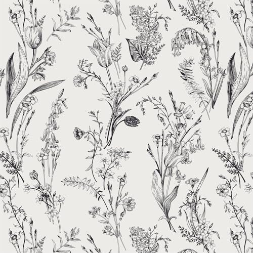Timeet Selbstklebende Tapete Blumen Weiß Textur Klebefolie Muster Schwarz Botanischer Möbelfolie Selbstklebend 41x1000cm Möbelaufkleber Wasserdichte Vinyl Folie für Möbel, Küche, Schlafzimmer