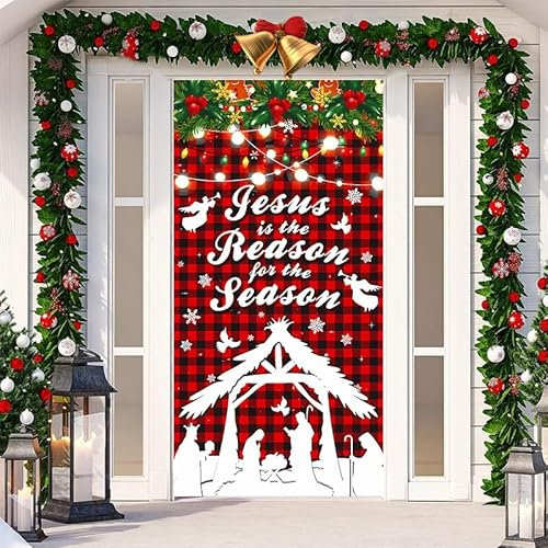Surwin Forro Puerta Navidad,Colorido Feliz Navidad Adornos Navidad Decoración de Cubierta de Puerta de Navidad, Decoracion Navidad Exterior Interior Casa, Pancarta (90X200cm,Celosía)