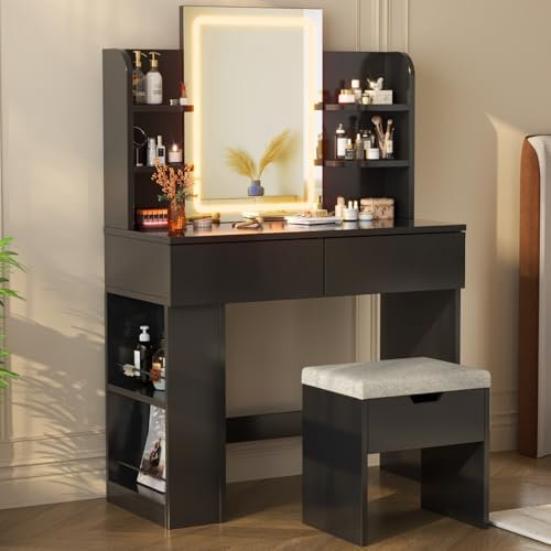 Devoko Toeletta Trucco con Sgabello,Postazione Trucco con LED,Tavolo da Trucco con Specchio, Ripiani Regolabili, 2 Cassetti, in Legno,Moderno (Nero, 90 x 40 cm)