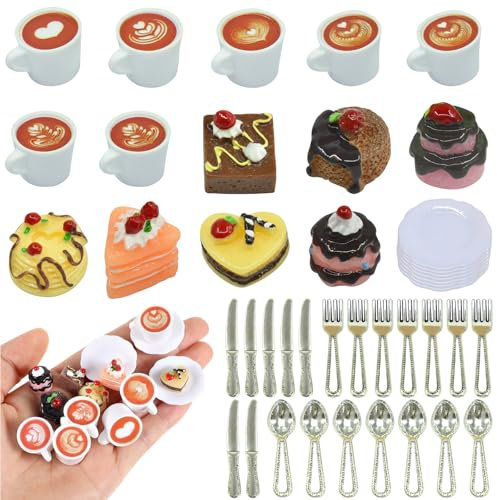 Mini Food Miniatur Essen 42-Teiliges Puppenhaus Zubehör Küche Wichtel Essen Miniatur Lebensmittel Kaffeetasse Kuchen Dessert Miniatur Zubehör für Miniküche, Mini-Teeparty, DIY-Mikrolandschaft