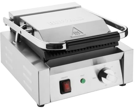 Buffalo Bistro Commercial Single Ribbed Contact Grill, 1.5kW | Heavy-duty cast iron plates lock in heat for consistent cooking, with a removable drip tray for effortless cleaning.