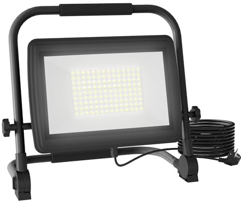 HOMCOM Faro da Cantiere da Lavoro 100W, Faretto da Cantiere da 6500K 8500LM con Testa Girevole e Supporto Regolabile, Faretto a LED in Alluminio e Metallo, Impermeabile IP65, 1.5 Metri di Filo, Nero