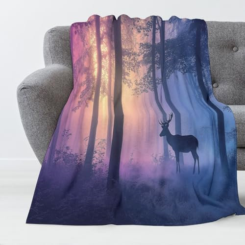 Elch Wald Decke, Weiche Flauschige Tierlandschaft Plüsch Decke, Flanell Fleecedecke Tv-Decken Sofadecke Wohndecke Mikrofaser Couchdecke - Pflegeleicht, Warm, Gemütlich