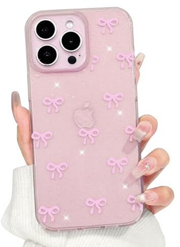 NITITOP Compatible with iPhone 13 Pro Case Cute Clear Bling Glitter Bow Pattern for Women Girls Ribbon Bowknot Sparkly Shiny Soft TPU Anti-Yellow Protective Phone Cover - Pink Back