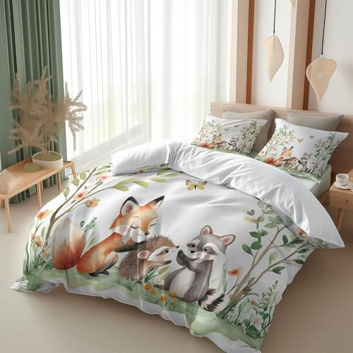 Srigzcaly Parure de Lit 240 x 220 cm Animaux de la Forêt Animés Housse de Couette 2 Personnes en Microfibre Blanc Réversible + 2 Taies d'Oreillers 65x65cm