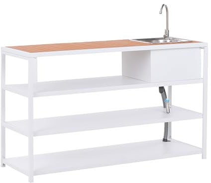 Ilot de Cuisine de Jardin Avec Evier en Acier 159 x 50 x 91 cm Extérieur 3 Etagères Dessus Marron Blanc Avetrana
