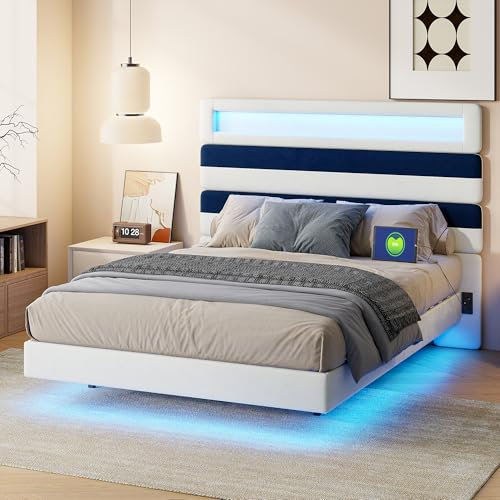 Avernest Lit Double Adulte 160x200 cm avec Tête de Lit Réglable à Rayures - Velours Blanc Cassé & Bleu - Ports USB Double Charge - Éclairage Lumineux Lit LED Tête/Pied de Lit