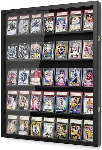 Emfogoo Sammelkarten Display Rahmen Wandmontage, 5 Etagen Holz Sammelkarten Ständer mit Transparent HD Tür, Baseballkarten Kartenständer Display für Sportkarten und Karten Sammeln Ausstellen (Schwarz)