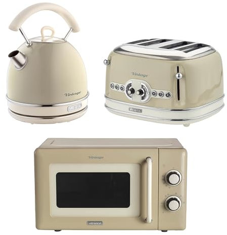 Ariete Vintage Breakfast Set, Retro 4-Slice Toaster with 6 Browning Levels, 2000W Fast-Boil Kettle & 800W Microwave, Cream