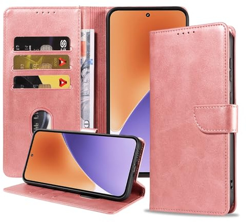 RKINC Xiaomi Mi 15 Hülle Handyhülle Premium PU Leder, mit 3 Kartenfach Standfunktion, Klapphülle Handytasche Lederhülle, TPU-Schutzhülle Ständer Kompatibel für Xiaomi Mi 15, Roségold