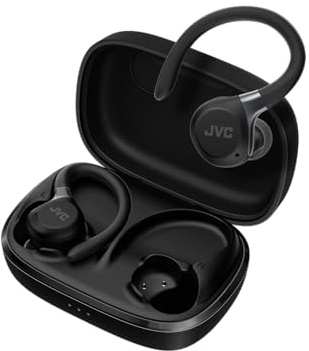 Fitness Series True Wireless Sport-Kopfhörer mit verstellbaren Bügeln, Active Noise Cancelling, Umgebungsmodus, IP57, 40 Std. Akkulaufzeit, App-EQ, geringe Latenz, Mikrofon – JVC HA-EC75T-B Schwarz