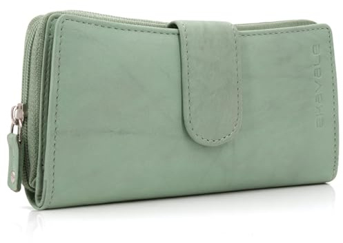 ekavale Damen Portemonnaie - Geldbörse aus feinem Rindleder - Groß Geldbeutel mit RFID-Blocker für Frauen - Viel Platz für Karten - Edles Accessoire für den Alltag (Antik-Minze)