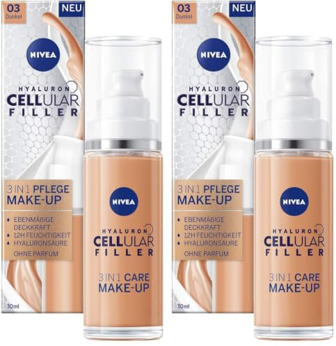NIVEA Hyaluron Cellular Filler 3in1 Pflege Make-Up Dunkel (30 ml), feuchtigkeitsspendende Foundation mit Hyaluron, Gesichts für einen ebenmäßigeren Teint (Packung mit 2)