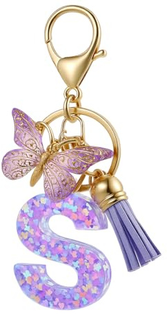 Porte-Clés Lettre S, Porte-Cléf Initial de Sac pour Femmes | Cadeaux de Porte-Clé Papillon avec Pendentifs Papillons et Touffe pour Amies Filles