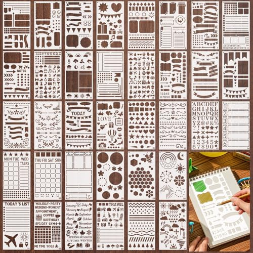 Bafutayawa Bullet Journal Schablonen Set 36 Stück Zeichenschablonen Kunststoff Wiederverwendbar Stencil Buchstaben Zahlen Banner für Tagebuch Planer Notizbuch Malen DIY