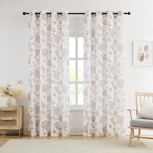 Treatmentex Khaki Gardine mit Druckmuster Wohnzimmer Vorhänge Transparent | 2er Set, H225 x B140 cm, Voile Gardinen, bedruckte Vorhang mit Ösen, für Schienensystem, für Schlafzimmer Kinderzimmer Büro