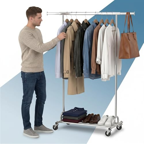 PORTENTUM Stand appendiabiti da terra robusto estensibile con ruote e freni – Fino a 180 kg di carico – Porta abiti da camera in acciaio 45 x (92-132) x 161,5 cm – Ripiano inferiore – Montaggio rapido