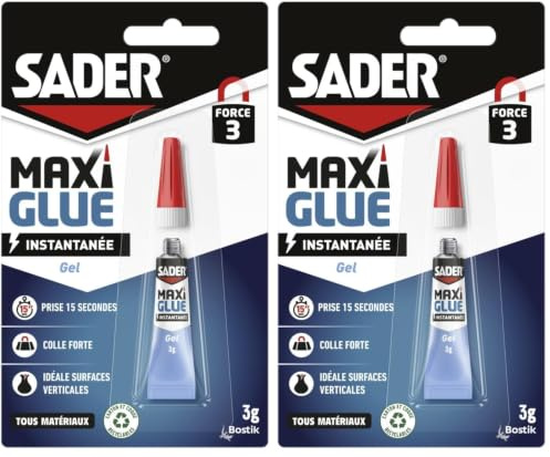 Sader Maxiglue Gel – Super Glue Universelle – Tous Matériaux – Colle de Réparation à Prise Rapide – Colle Extra Forte – Transparente – Tube de 3 g (Lot de 2)