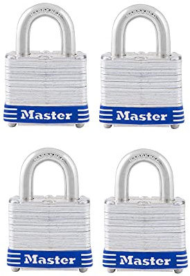 Master Lock 3008D Outdoor Padlock with Key, 4 Pack Keyed-Alike Silver 1-1/2 Inch
