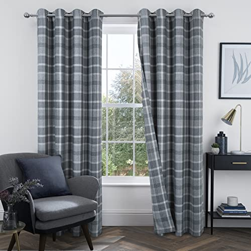 always4u Graue Karierte Vorhänge, Hochland-Wolloptik, Schottenkaro, modern-klassisch, Fensterpaneele/Vorhänge für Wohnzimmer, 2 Paneele, Grau, 114 x 213 cm